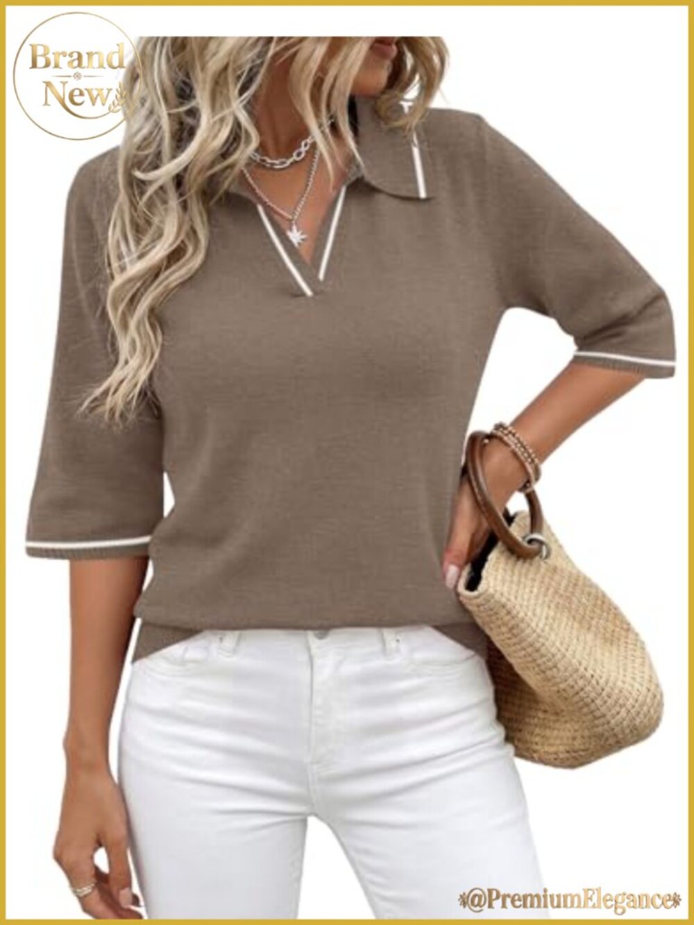 Womens 3/4 Sleeve Polo Collar Knit Sweater Business Casual Pullover Top